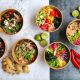 Colourful bowls of food against a plan backdrop - some of the food at the Veg Bowl @ Dhaba