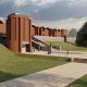 An image showing the proposed new Library entrance including a new brick tower containing two lifts and a new ramp along the top of the Library's grassy bank