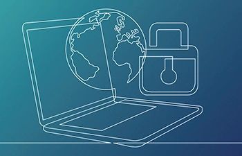 Cyber security graphic with laptop, globe and padlock