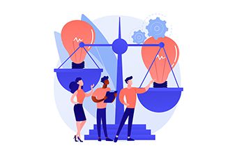 Illustration of research ethics depicting ideas in a weighing scale