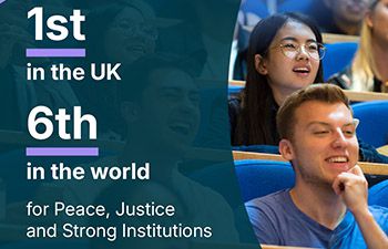 Social media graphic showing 1st in the UK and 6th in the world for Peace, Justice and Strong Institutions