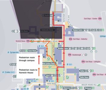 The University of Sussex campus map with markings showing a pedestrian diversion around Bramber House and onto Refectory Road