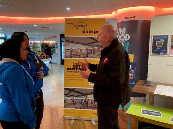 Mark Lawrence speaking to students in Eat Central