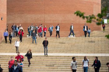 Students walking down steps on campus after exiting a lecture theatre.