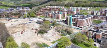 Drone image construction site next to buildings and skyscrapers