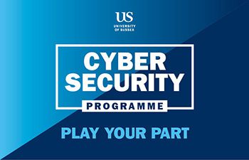 Blue and white logo saying cyber security