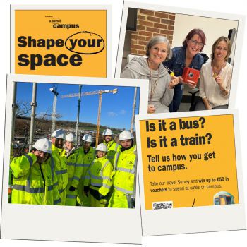 4 polaroid templates - two have black and yellow digital assets in, one is a photo of three people at an event, and another is a group of people smiling at the camera - they are wearing hi-vis and hard hats, standing outside on a sunny day.