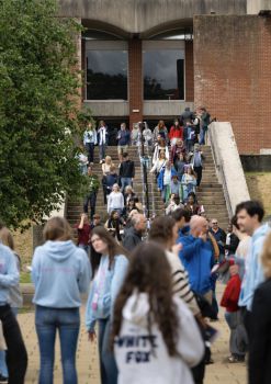 People on campus, in Library Square.