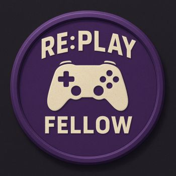 Circular badge in purple reading