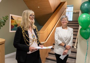 A photograph of Vice-Chancellor Sasha Roseneil with the Mayor of Brighton & Hove in the new Health and Wellbeing Centre