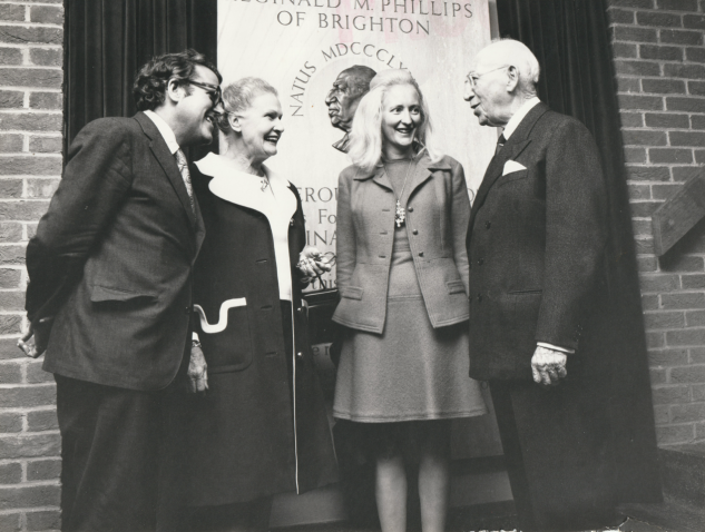 Susan (3rd from left) with Asa Briggs (left) with Reginald Phillips (right) who was a generous benefactor to the university. 