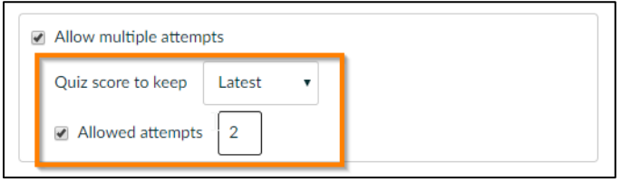 A screenshot of a page with an orange colored rectangle highlighting the part of the tutorial where the user selects the number of allowed attempts to take the assessment.