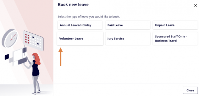 MyView screen showing the ‘Book new leave’ tab with an arrow pointing to the ‘Volunteer leave’ link in the bottom left.