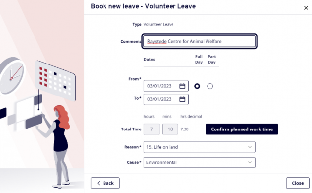 MyView screen showing the book new leave entry form, with 'volunteer leave' details highlighted.