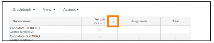A screenshot of a page with an orange colored rectangle highlighting three vertical dots next to 'Test Quiz out of 1'