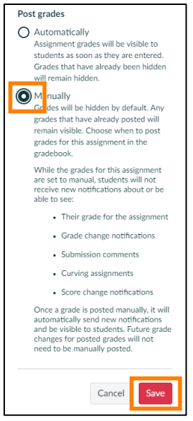 A screenshot of a page with an orange colored rectangle highlighting the button that shows one to select 'Manually' under posting of grades