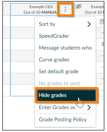 A screenshot of a page with an orange colored rectangle highlighting three vertical dots and the words "Hide Grades'
