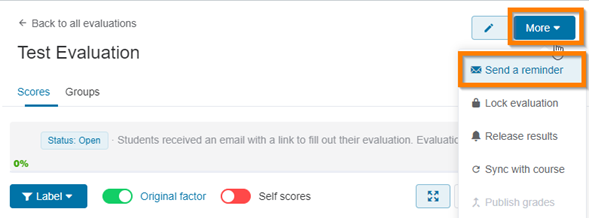 The send a reminder option is located in the 'more' dropdown. Shows the cursor hovering over the 'send a reminder' option.