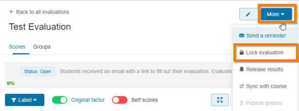 The lock evaluation option is located in the 'more' dropdown. Shows the cursor hovering over the lock evaluation option.