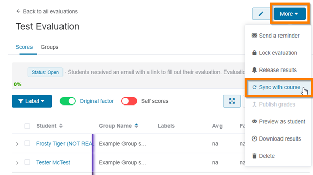 The lock evaluation option is located in the 'more' dropdown. Shows cursor hovering over 'sync with course'