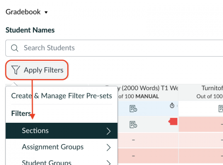 Menu selections to filter GradeBook by marking group