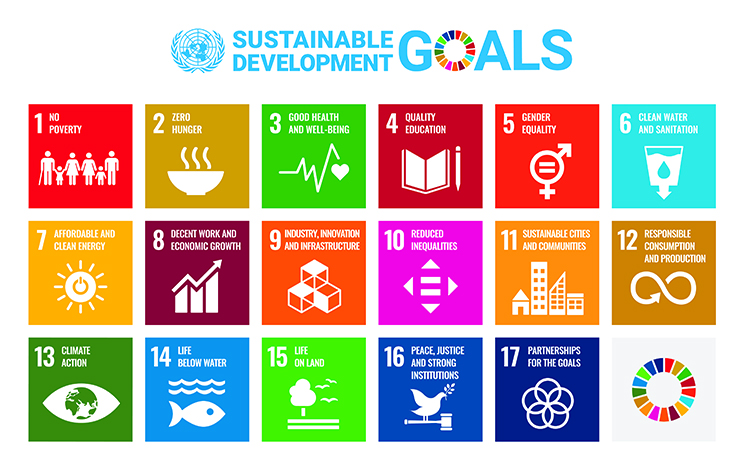  Image showing the 17 Sustainable development Goals: , Goal 1 No Poverty, goal 2 zero hunger, goal three good health and wellbeing, goal 4 quality education, goal 5 gender equality, goal 6 clean water and sanitation, goal 7 affordable and clean energy, goal 8 decent work and economic growth, goal 9 industry innovation and infrastructure, goal 10 reduced inequalities, goal 11 sustainable cities and communities, goal 12 responsible consumption and production, goal 13 climate action, goal 14 life in water, goal 15 life on land, goal 16 peace justice and strong institutions, goal 17 partnership towards the goals.